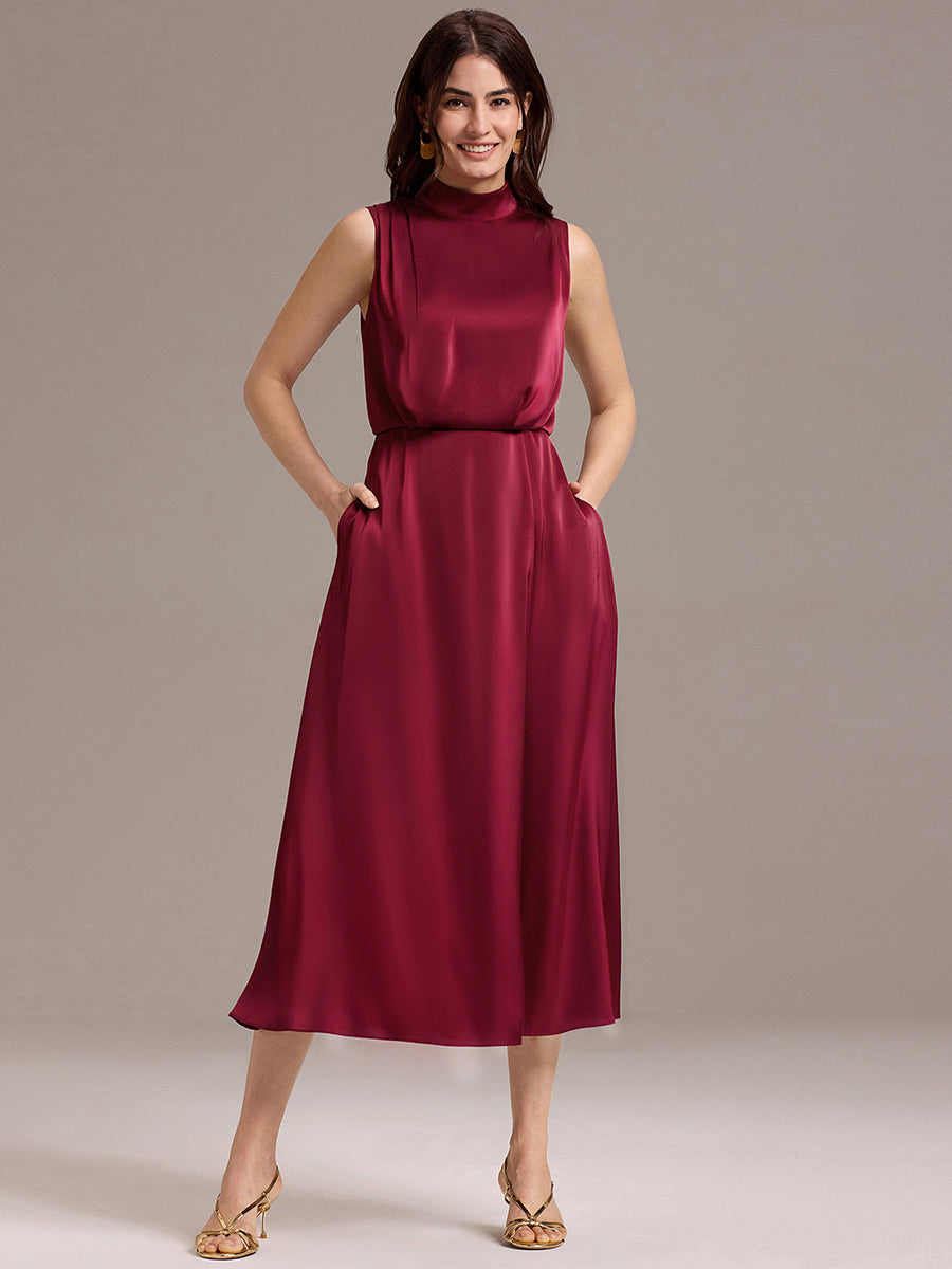 Color=Burgundy | Wholesale High Neck Sleeveless Midi-Length Satin Evening Dress-Burgundy 1