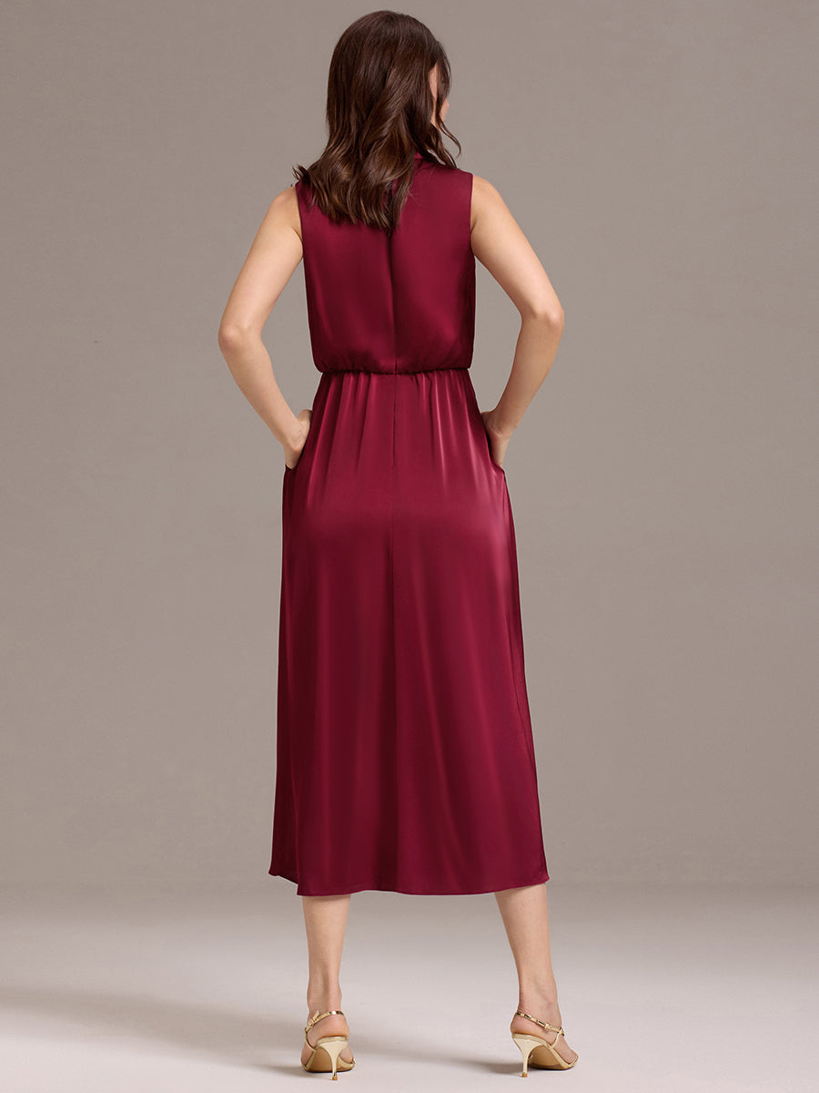 Color=Burgundy | Wholesale High Neck Sleeveless Midi-Length Satin Evening Dress-Burgundy 2