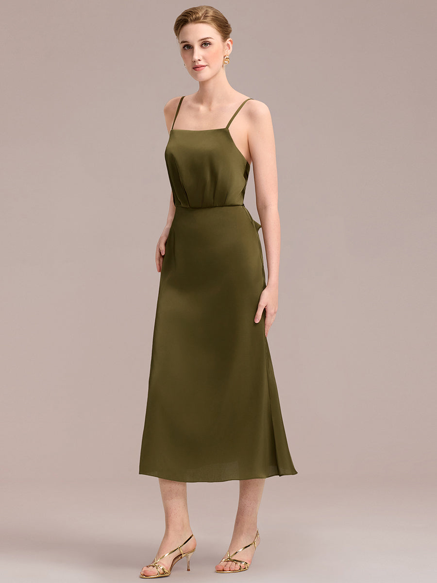 Color=Olive Green | Commercial Wholesale Strapless Adjustable Spaghetti Straps Fishtail Midi Wedding Guest Dresses-Olive Green 5
