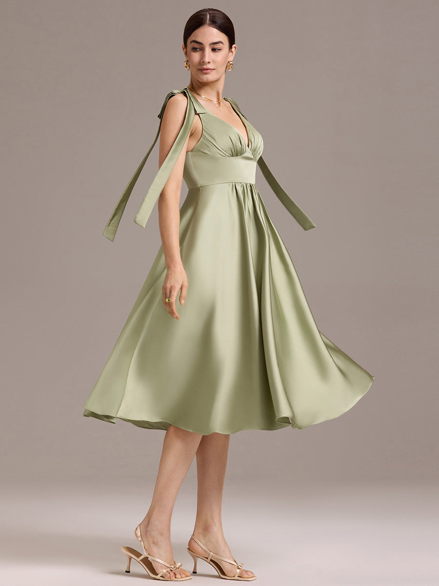 Color=Sage Green | Wholesale V-Neck Sleeveless Tie-Shoulder Midi-Length Satin Dress-Sage Green 3