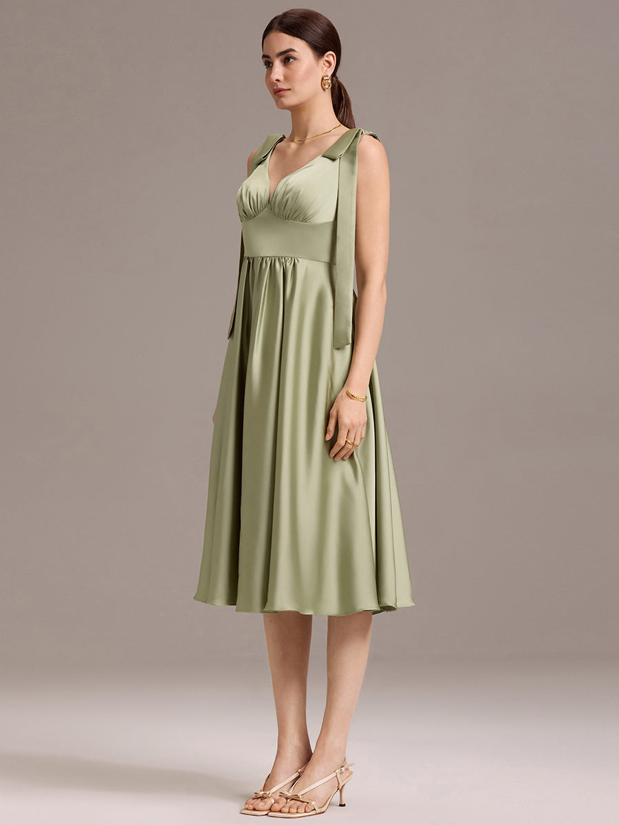 Color=Sage Green | Wholesale V-Neck Sleeveless Tie-Shoulder Midi-Length Satin Dress-Sage Green 4