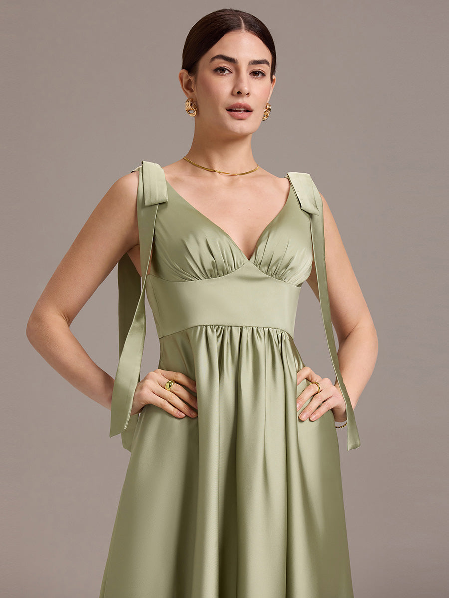 Color=Sage Green | Wholesale V-Neck Sleeveless Tie-Shoulder Midi-Length Satin Dress-Sage Green 5