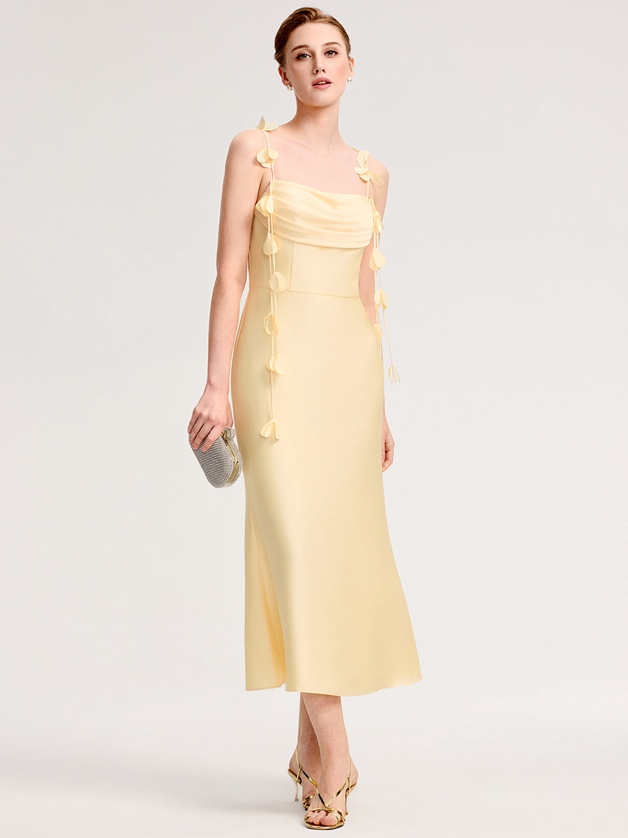 Color=Yellow | Wholesale Pricing Strapless Fishtail Non-Stretch Midi Dress with Floral Tie-Front | Wedding Guest Dresses-Yellow 4