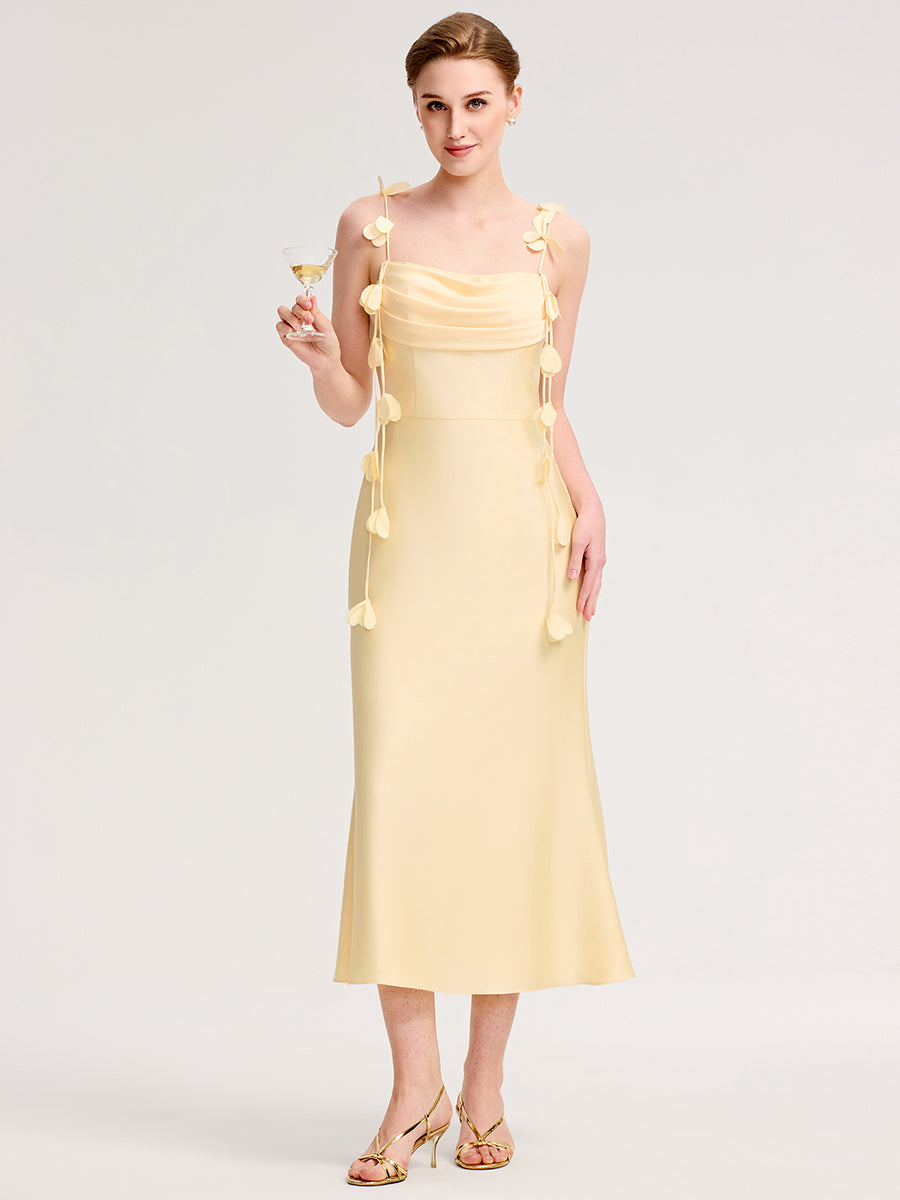 Color=Yellow | Wholesale Pricing Strapless Fishtail Non-Stretch Midi Dress with Floral Tie-Front | Wedding Guest Dresses-Yellow 5