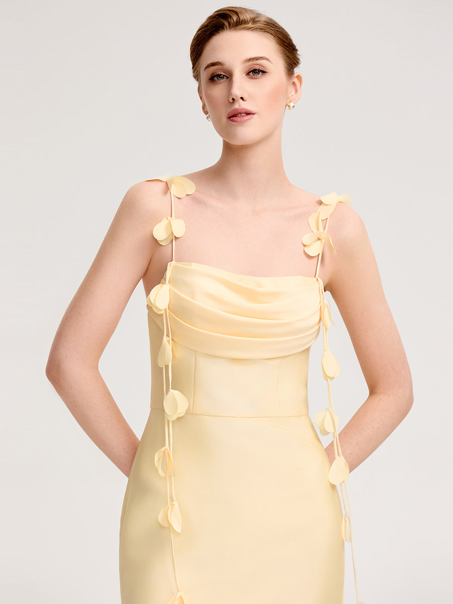Color=Yellow | Wholesale Pricing Strapless Fishtail Non-Stretch Midi Dress with Floral Tie-Front | Wedding Guest Dresses-Yellow 3