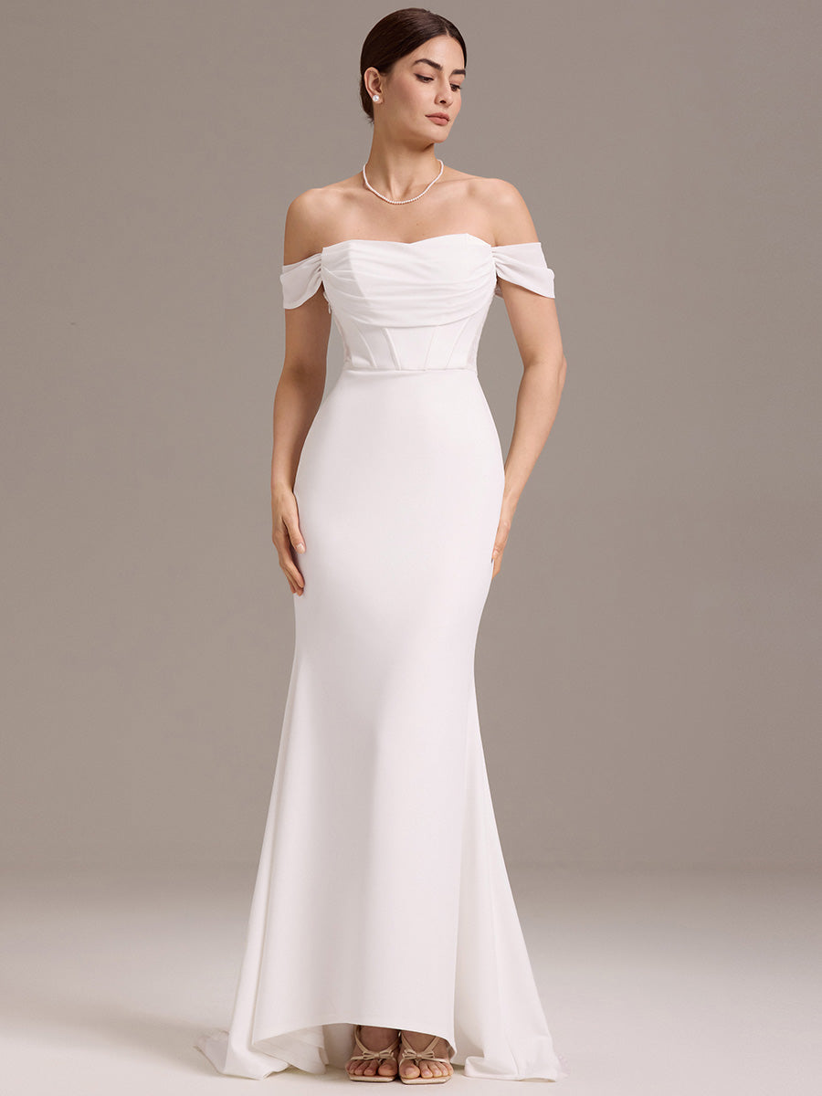 Color=White | Off Shoulder A Line Short Sleeves Floor-Length Wedding Dress with See-through Detail-White 4