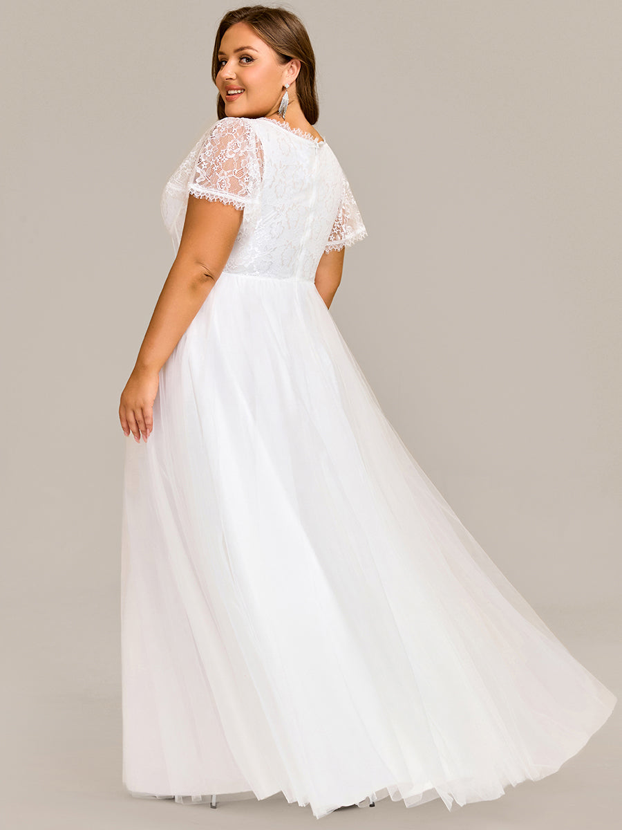 Color=White | Sweetheart Short Sleeves A-Line Floor-Length Wedding Dress with See-through Details-White 2