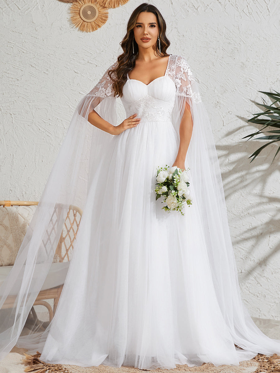 Color=White | Long Sleeve Backless Embroidered A-Line Sweep Train Wedding Dresses-White 1