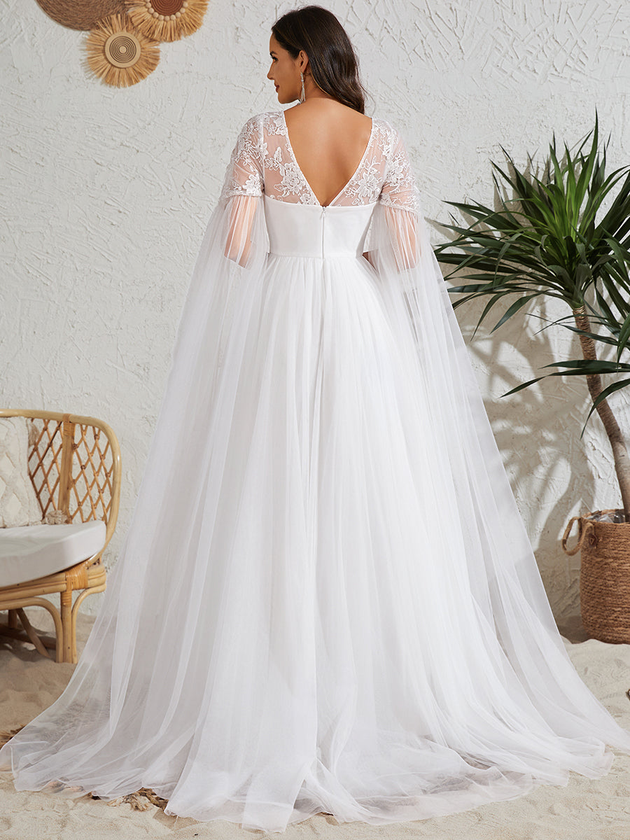 Color=White | Long Sleeve Backless Embroidered A-Line Sweep Train Wedding Dresses-White 2