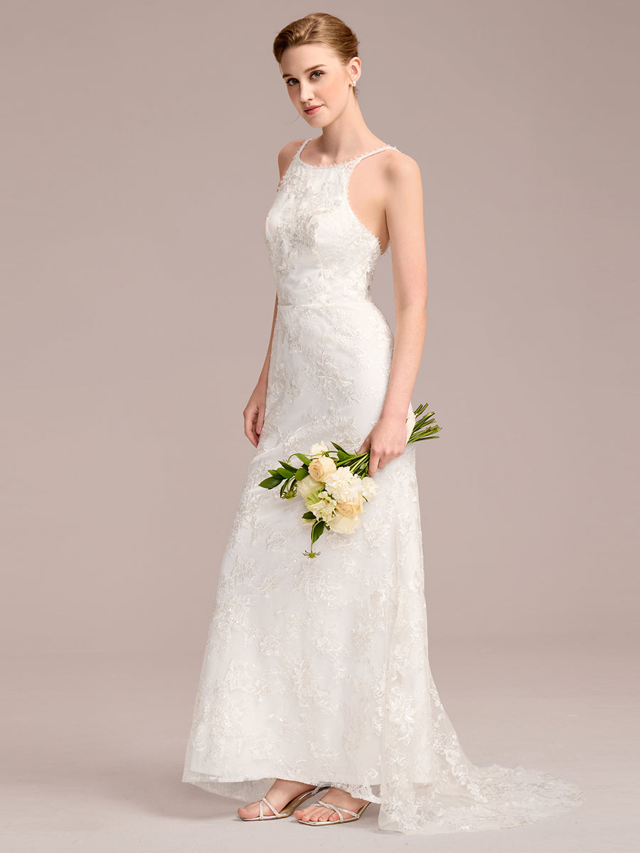 Color=White | Wholesale Spaghetti Strap Open-Back Lace Floor-Length Bridal Dress-White 1