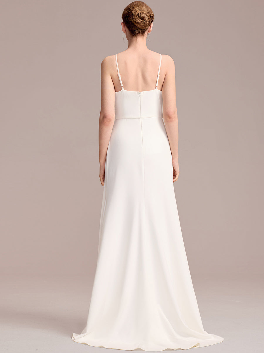 Color=White | One Stop Shop Sleeveless Fishtail Deep V-Neck Embroidered Wedding Dress with Ribbons-White 2