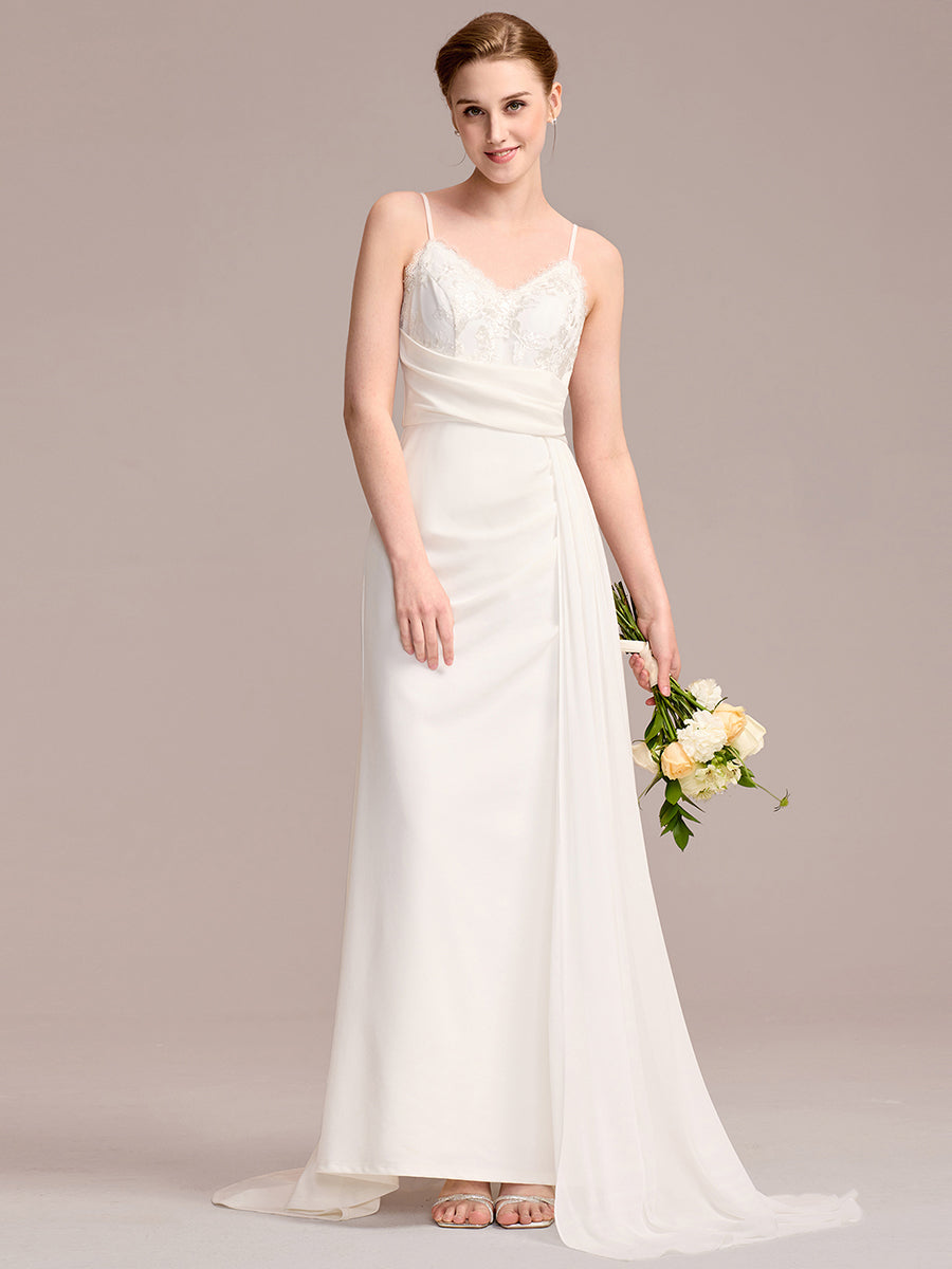 Color=White | One Stop Shop Sleeveless Fishtail Deep V-Neck Embroidered Wedding Dress with Ribbons-White 1