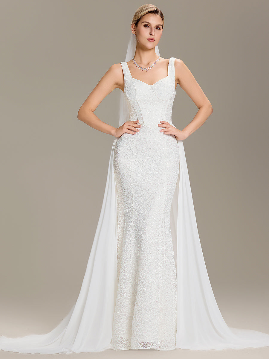 Color=White | Industrial Use Sleeveless Sweetheart Neck Fishtail Sequin Backless Wedding Dresses-White 1