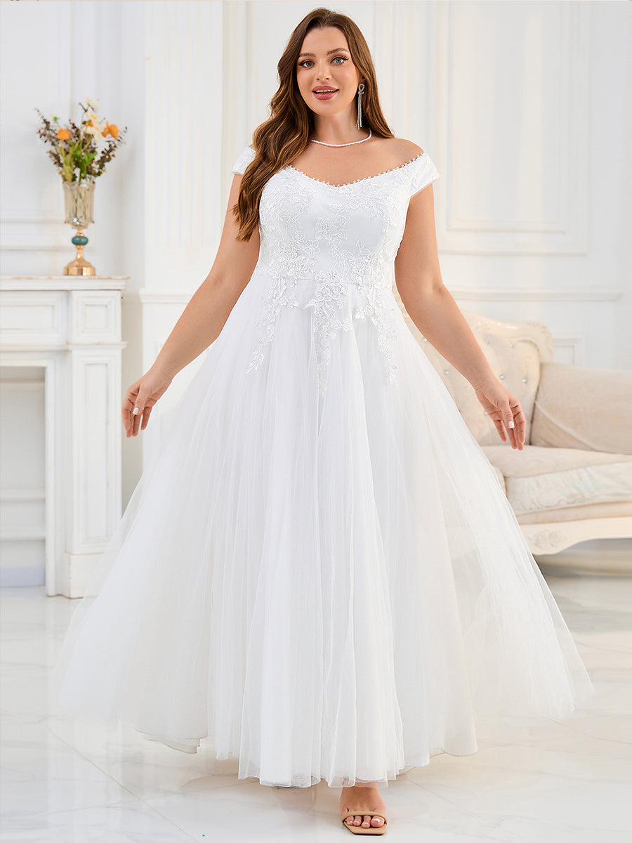 Color=White | Plus Size Short Sleeve Cold Shoulder Deep V-Neck A-Line Floor Length Wedding Dresses-White 1