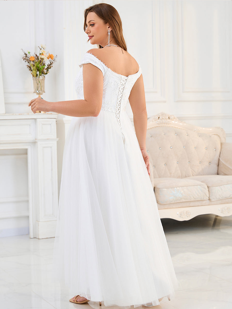 Color=White | Plus Size Short Sleeve Cold Shoulder Deep V-Neck A-Line Floor Length Wedding Dresses-White 2
