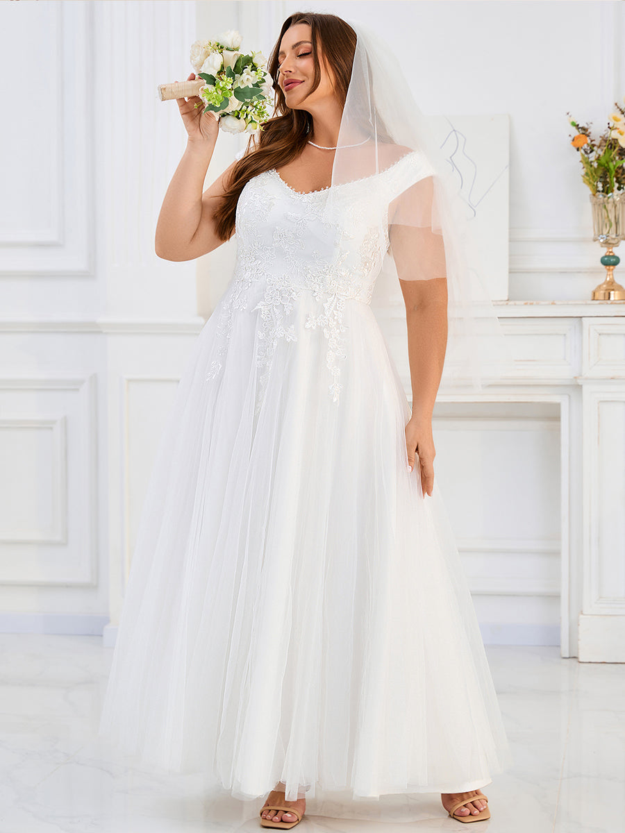 Color=White | Plus Size Short Sleeve Cold Shoulder Deep V-Neck A-Line Floor Length Wedding Dresses-White 4