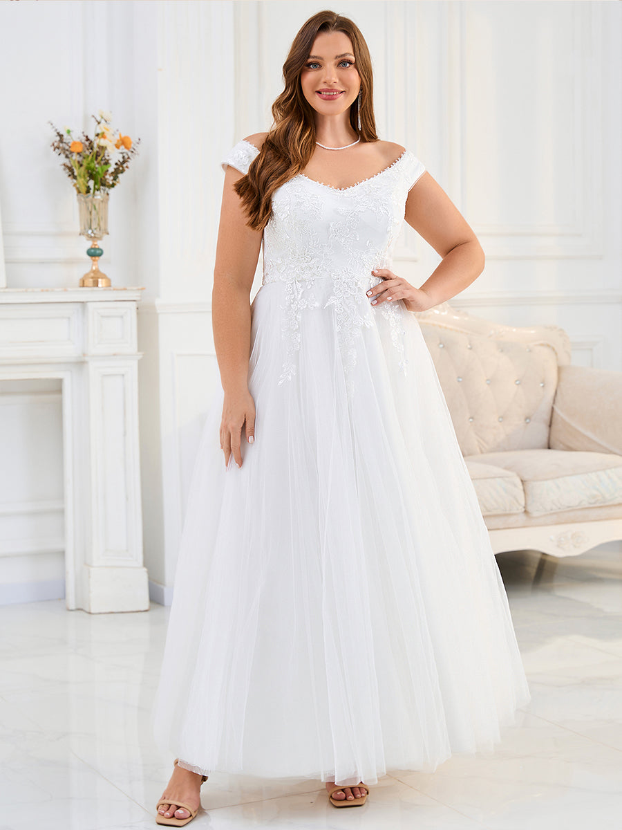 Color=White | Plus Size Short Sleeve Cold Shoulder Deep V-Neck A-Line Floor Length Wedding Dresses-White 5