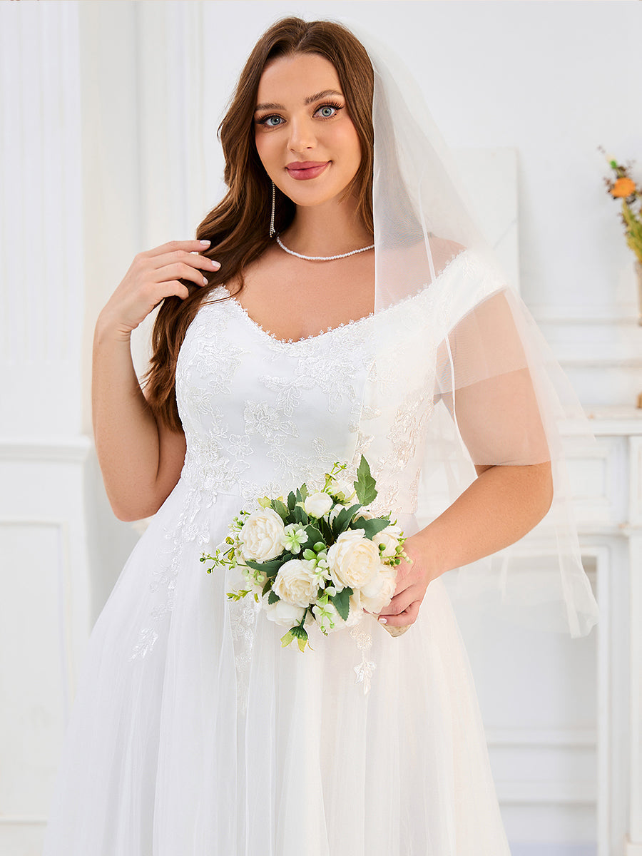 Color=White | Plus Size Short Sleeve Cold Shoulder Deep V-Neck A-Line Floor Length Wedding Dresses-White 3
