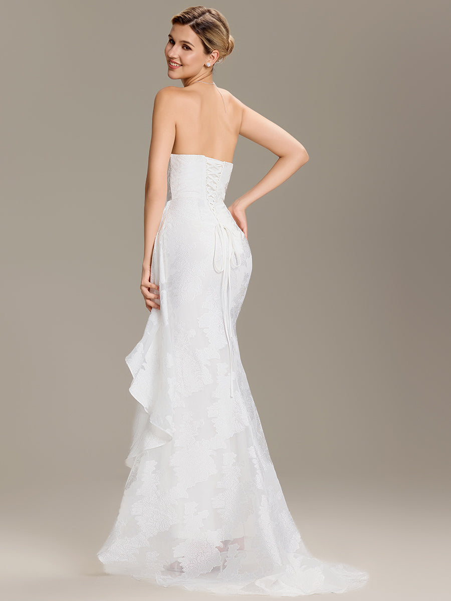 Color=White | Wholesale Strapless Cold Shoulder Fishtail Jacquard Floor Length Wedding Dresses-White 2