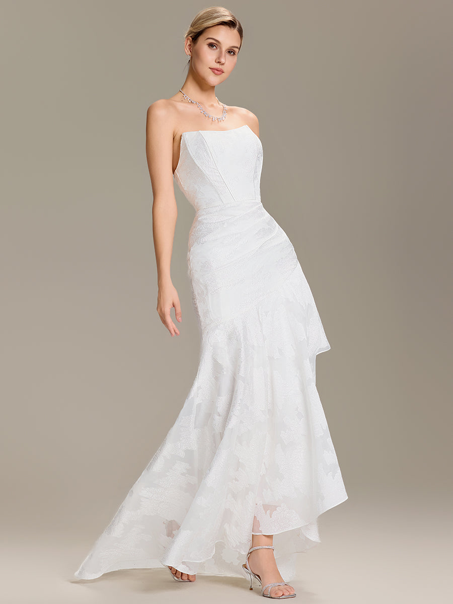 Color=White | Wholesale Strapless Cold Shoulder Fishtail Jacquard Floor Length Wedding Dresses-White 4
