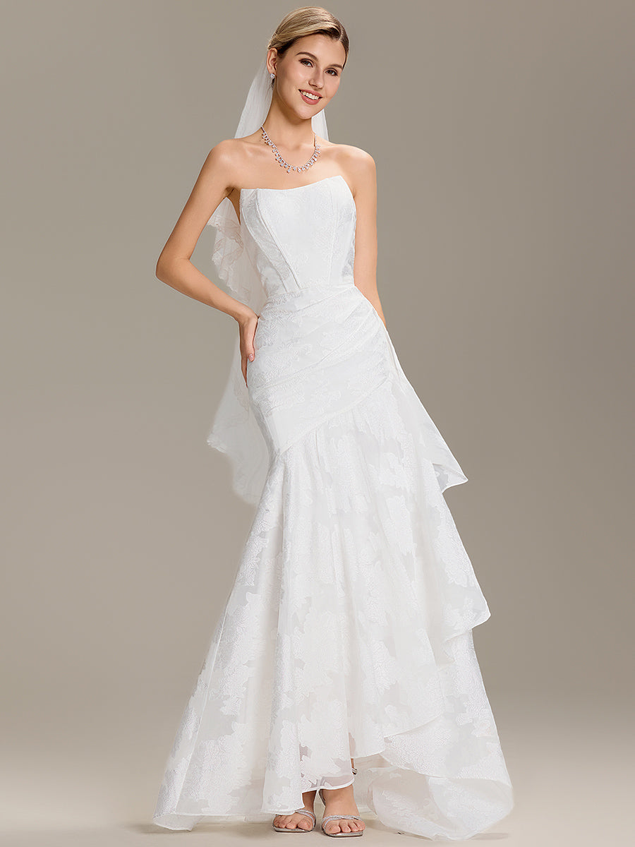 Color=White | Wholesale Strapless Cold Shoulder Fishtail Jacquard Floor Length Wedding Dresses-White 1