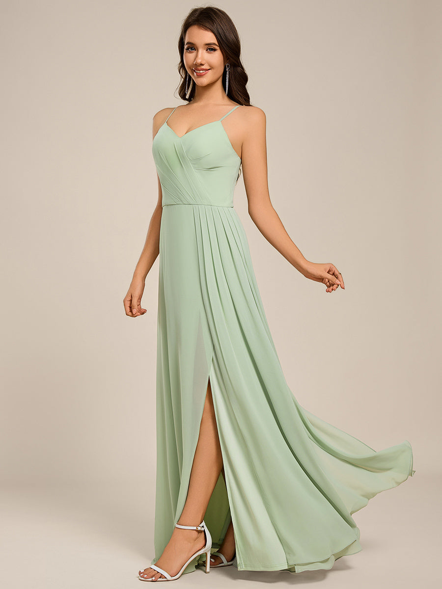 Color=Mint Green | Ever Pretty Wholesale Spaghetti Straps Asymmetrical Split & Padded Bust Chiffon Bridesmaid Dress-Mint Green 3