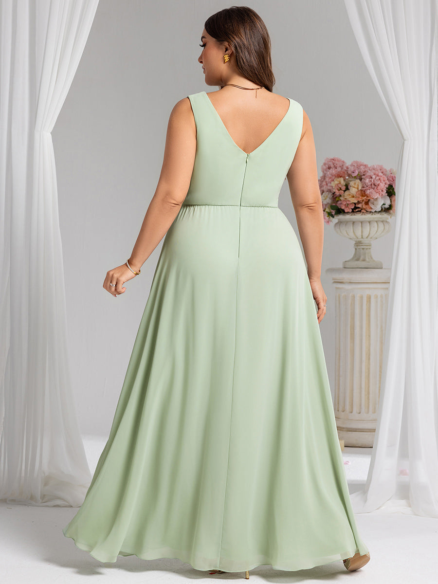 Color=Mint Green | Wholesale Plus Size V-Neck A-Line Sleeveless Slit Bridesmaid Dresses-Mint Green 22