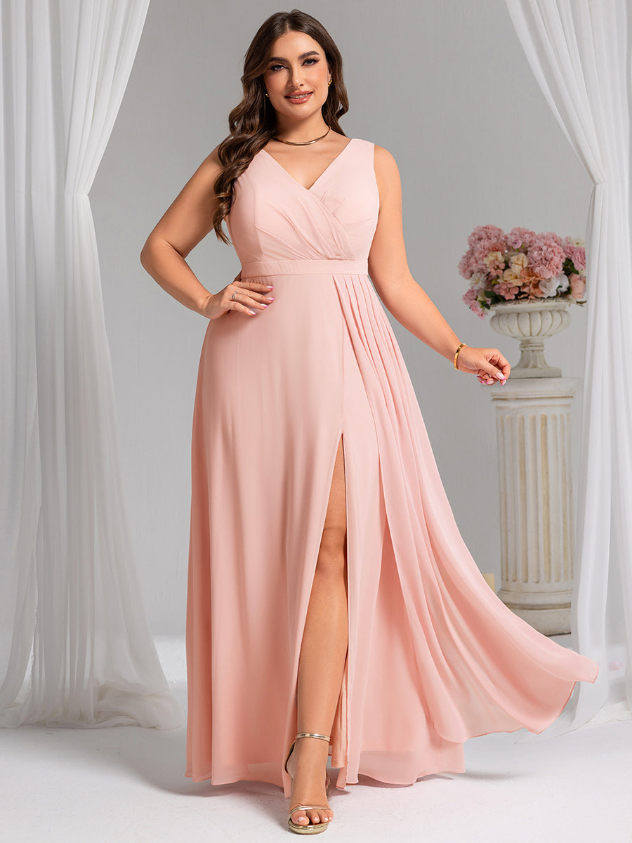 Color=Pink | Wholesale Plus Size V-Neck A-Line Sleeveless Slit Bridesmaid Dresses-Pink 31