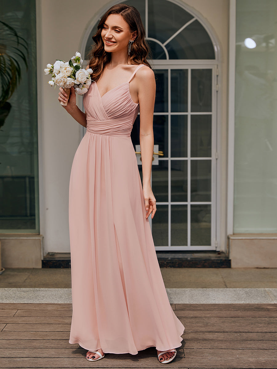 Color=Pink | Ever Pretty Wholesale Backless Chiffon Bridesmaid Dresses with Pleated & Applique Details-Pink 3