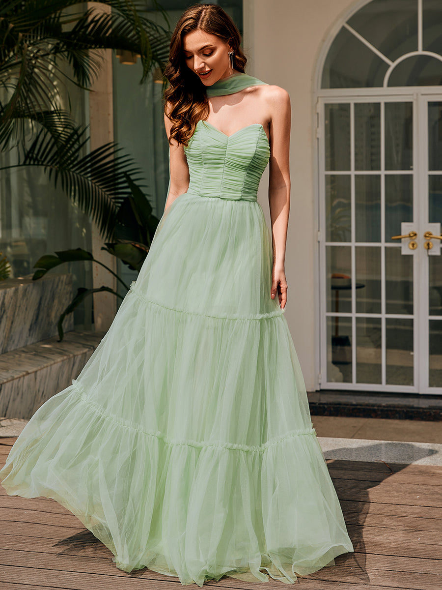 Color=Mint Green | Wholesale Sweetheart Neckline A-Line Sleeveless Long Tulle Bridesmaid Dress-Mint Green 4
