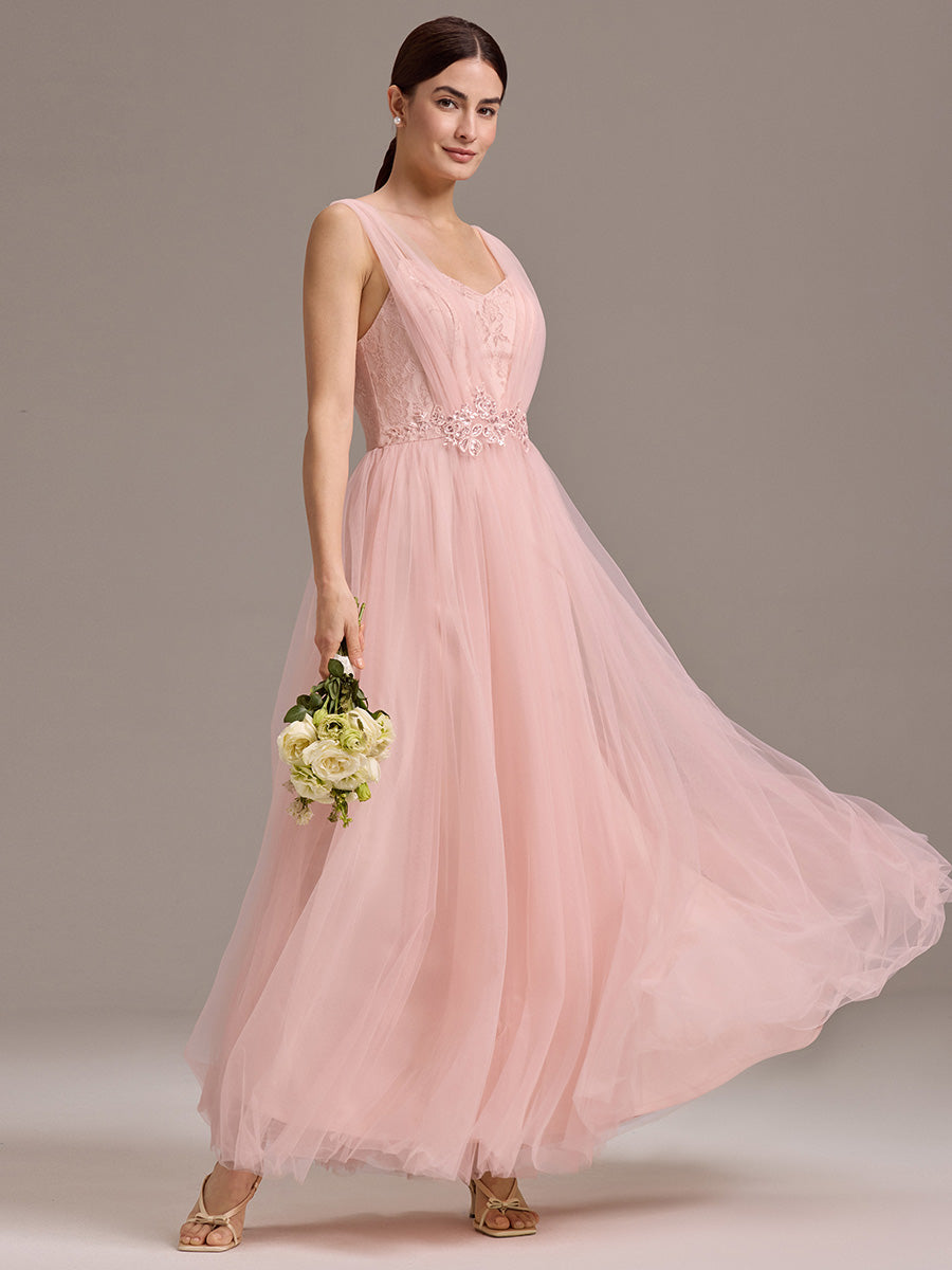 Color=Pink | Bulk Order Sleeveless V-Neck Floral A-Line Floor Length Dress with Back Zipper Bridesmaid Dresses-Pink 5