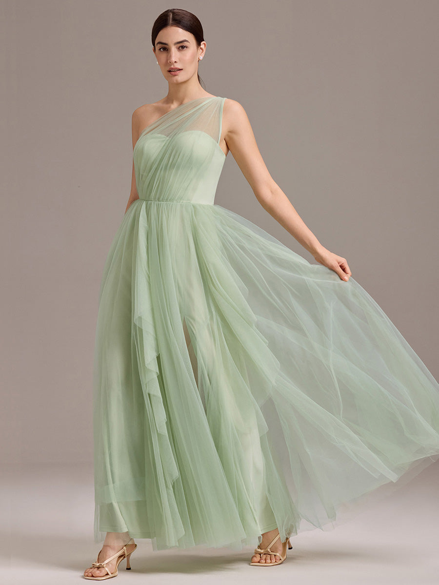 Color=Mint Green | Wholesale Pricing Sleeveless Asymmetrical A-Line Floor Length Dress with Thigh-High Slit, Bridesmaid Dresses-Mint Green 4