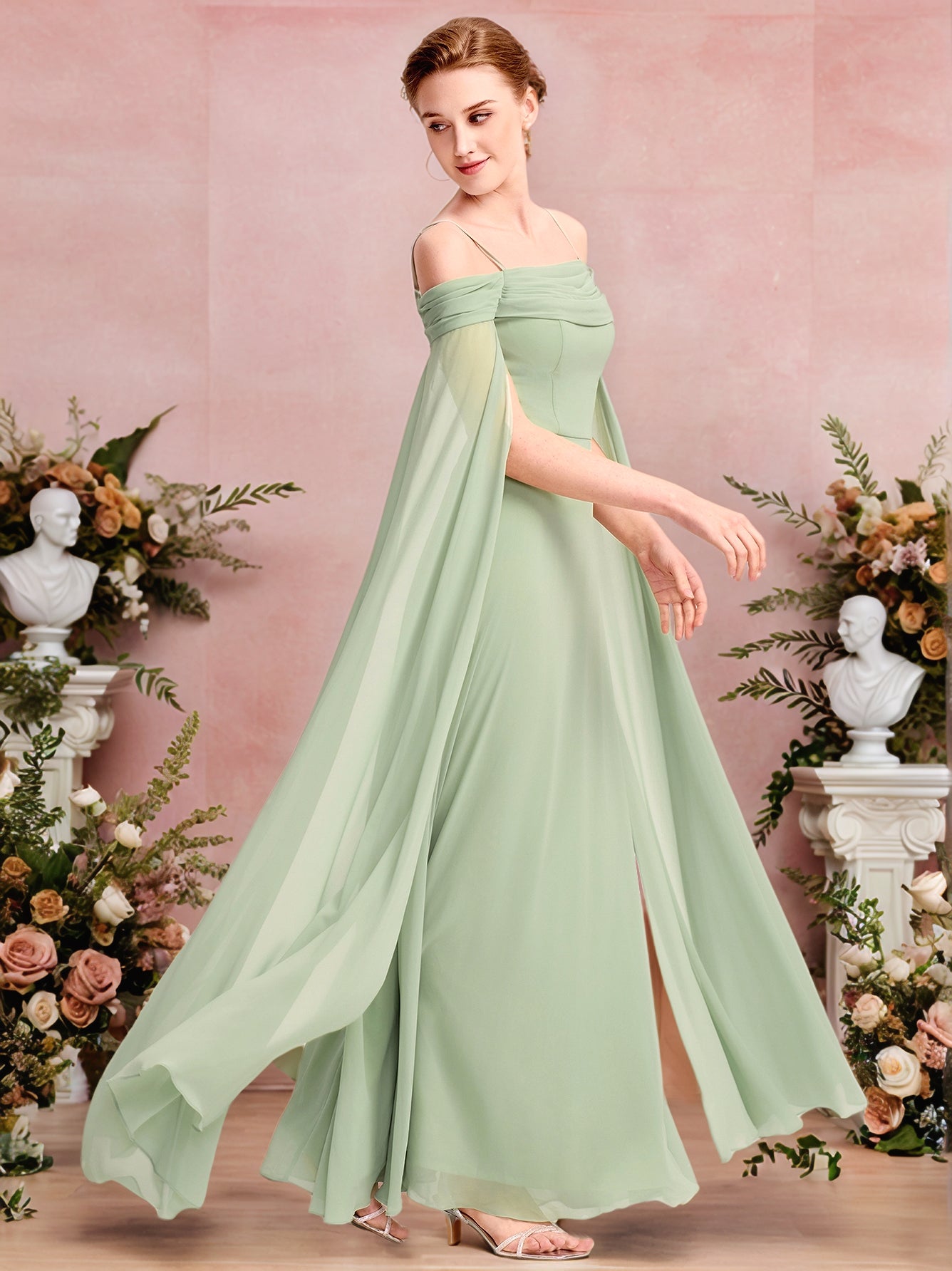 Color=Mint Green | Ever Pretty Wholesale Spaghetti Straps Asymmetrical Split & Padded Bust Chiffon Bridesmaid Dress-Mint Green 2