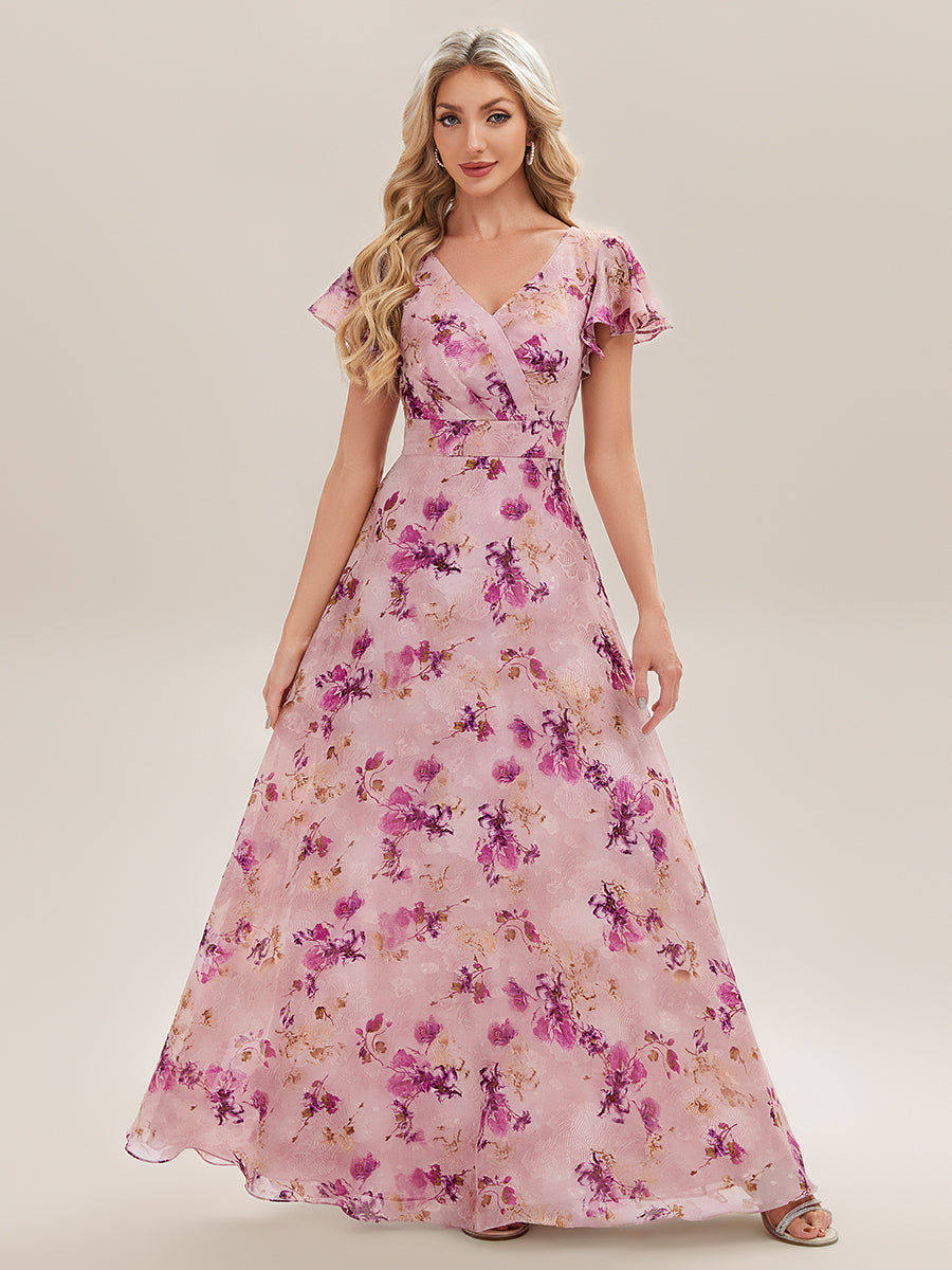 Color=Light Purple Print | Commercial Wholesale Short Sleeve V-Neck Floral Ruffle A-Line Floor Length Bridesmaid Dresses-Light Purple Print 1