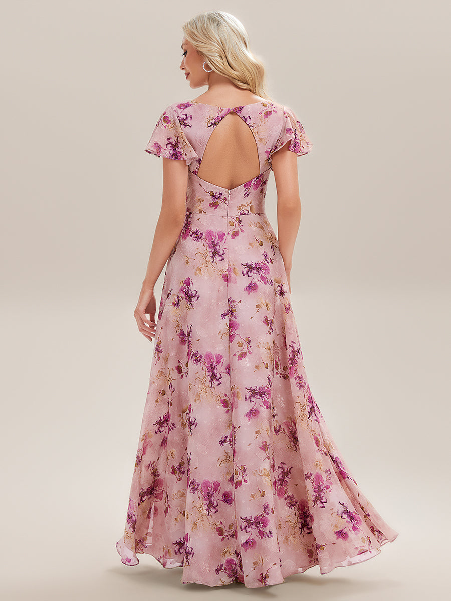 Color=Light Purple Print | Commercial Wholesale Short Sleeve V-Neck Floral Ruffle A-Line Floor Length Bridesmaid Dresses-Light Purple Print 2
