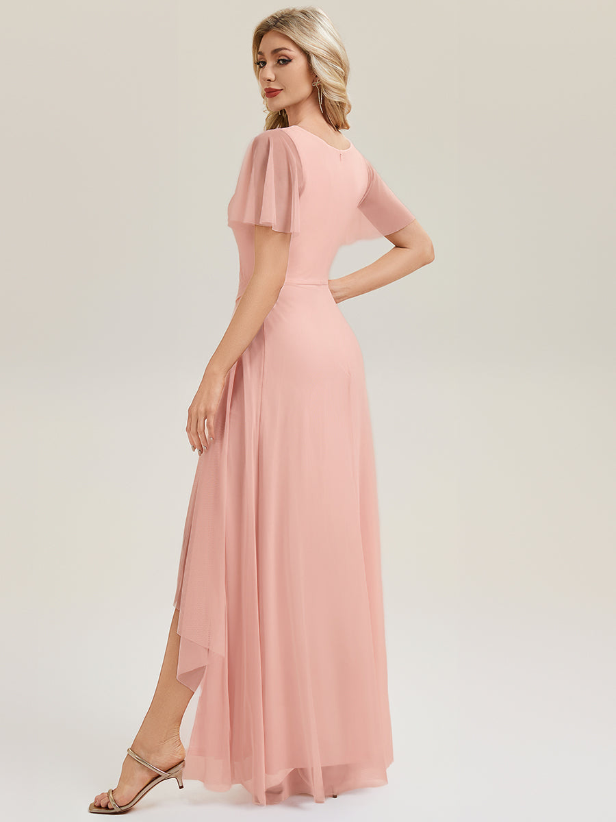 Color=Pink | Factory Design Short Sleeve Ruffle Deep V-Neck High Stretch A-Line Floor Length Bridesmaid Dresses-Pink 2