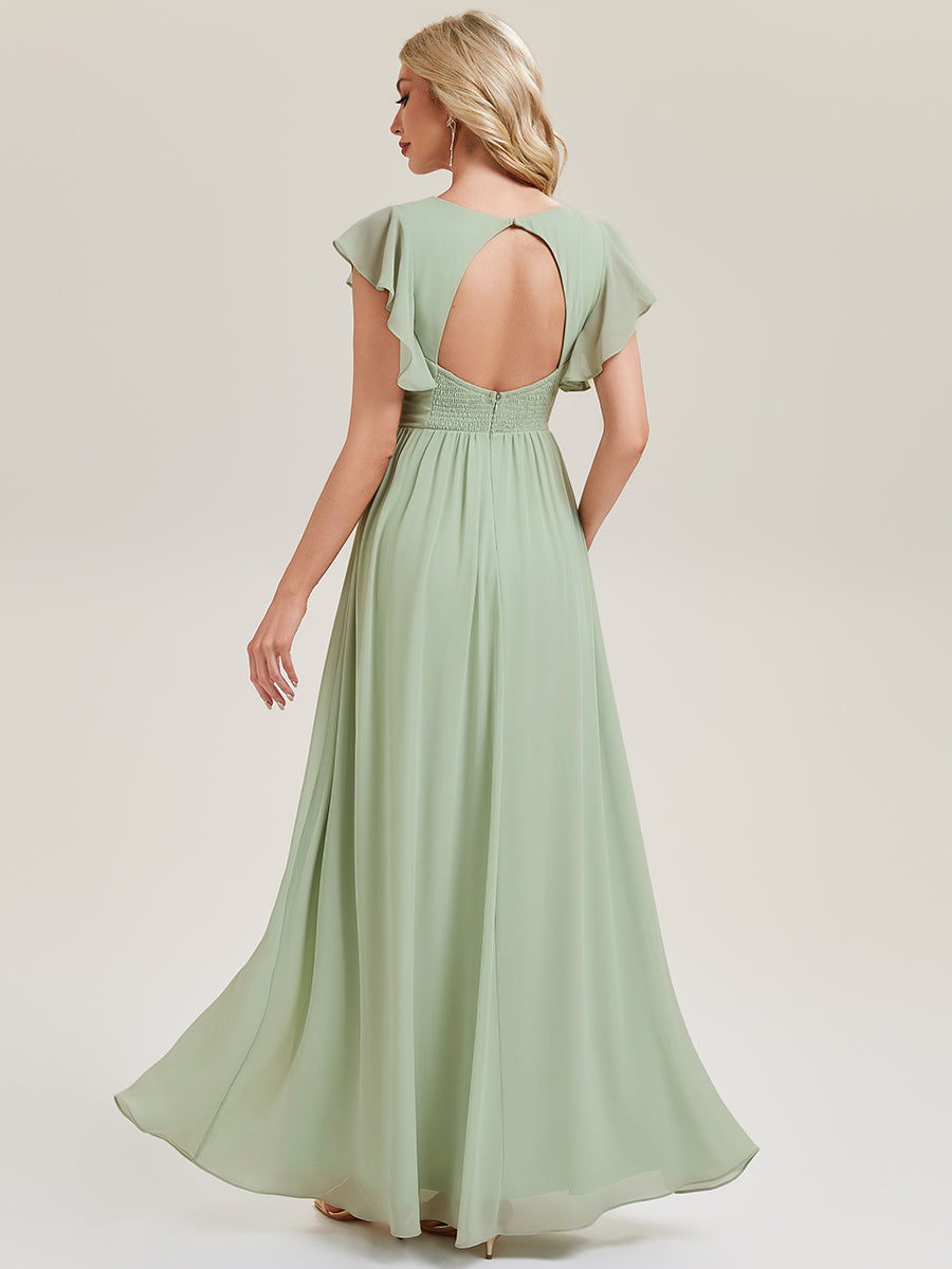 Color=Mint Green | Fast Delivery Short Sleeve Ruffled Ruched Backless A-Line Floor Length Bridesmaid Dresses-Mint Green 2