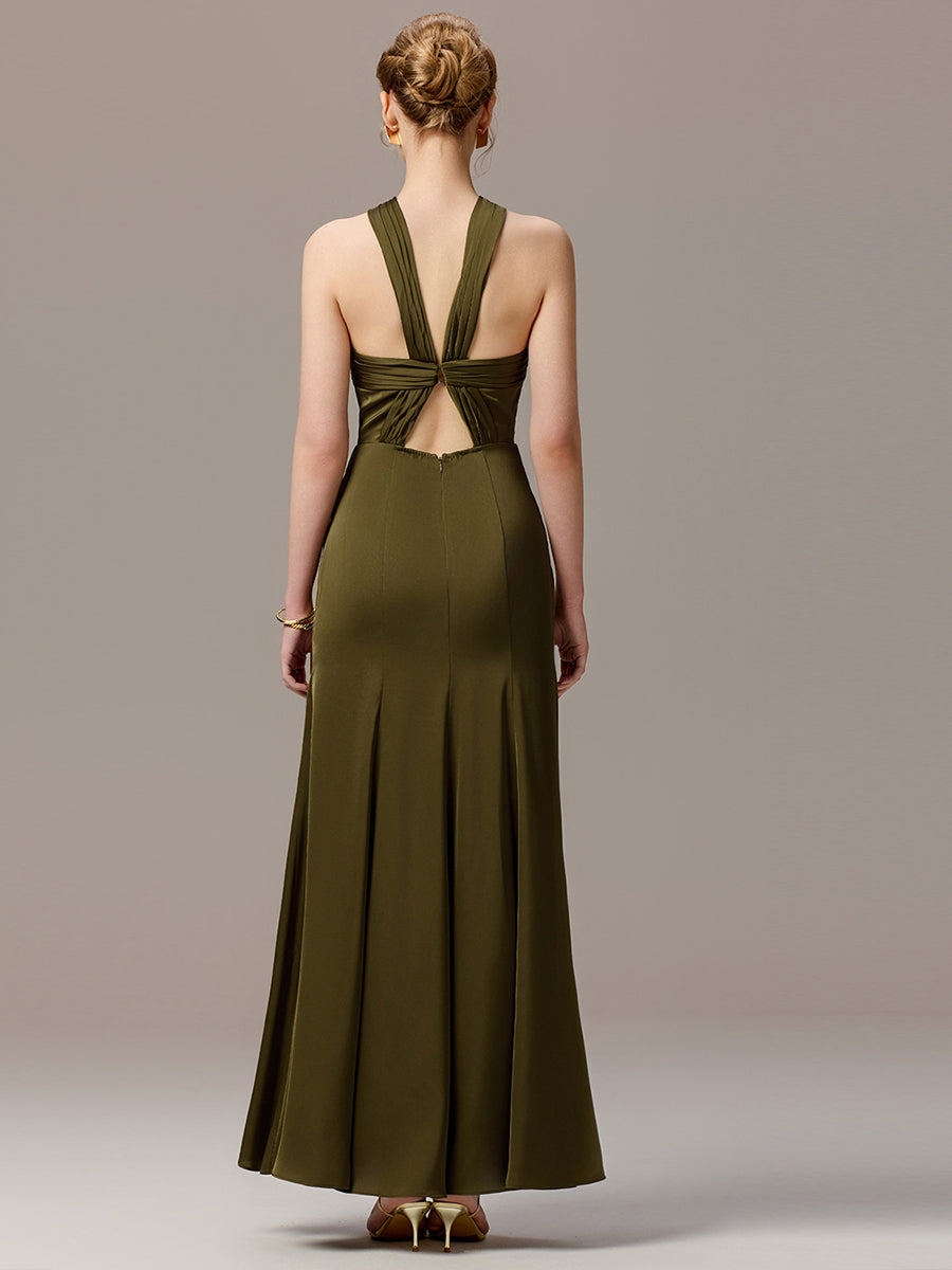 Color=Olive Green | Satin Cross Halter Sleeveless Maxi Bridesmaid Dress Custom-Olive Green 2