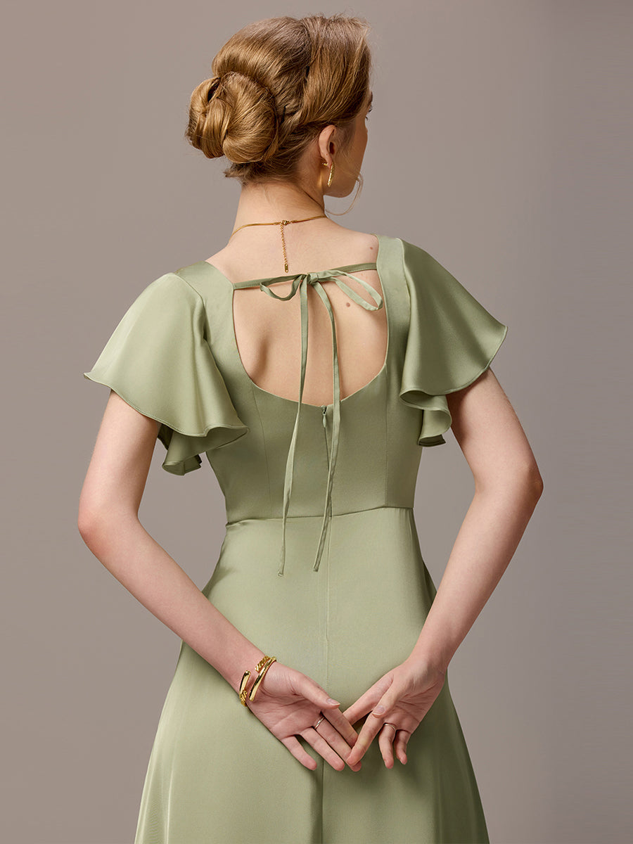 Color=Sage Green | Customized Satin Square Neck Short Sleeve Ruffled Maxi Bridesmaid Dress with Pockets-Sage Green 3