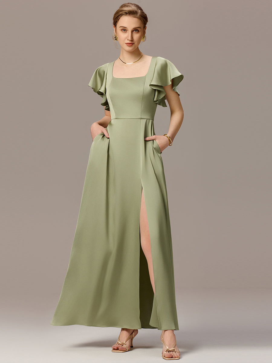 Color=Sage Green | Customized Satin Square Neck Short Sleeve Ruffled Maxi Bridesmaid Dress with Pockets-Sage Green 2