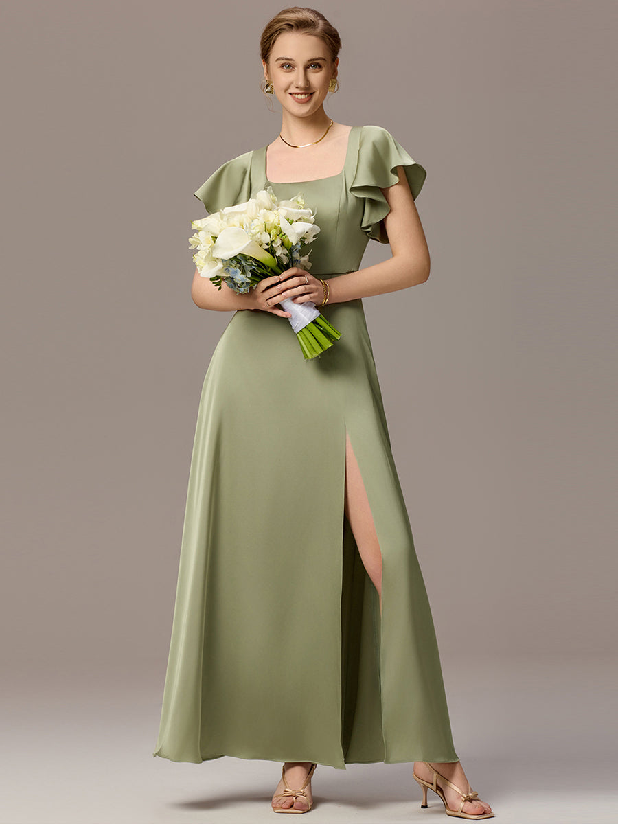 Color=Sage Green | Customized Satin Square Neck Short Sleeve Ruffled Maxi Bridesmaid Dress with Pockets-Sage Green 5