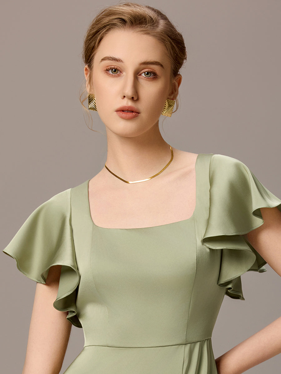 Color=Sage Green | Customized Satin Square Neck Short Sleeve Ruffled Maxi Bridesmaid Dress with Pockets-Sage Green 4