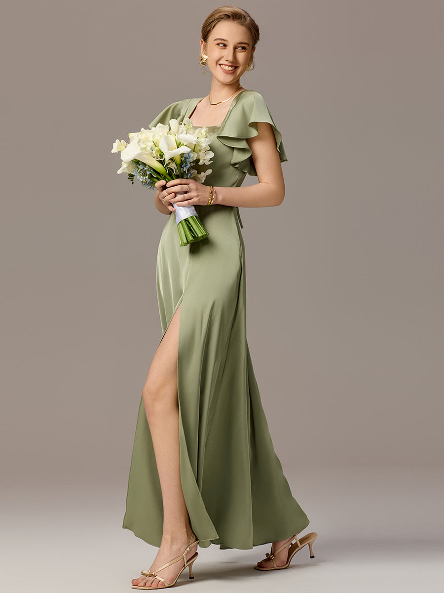 Color=Sage Green | Customized Satin Square Neck Short Sleeve Ruffled Maxi Bridesmaid Dress with Pockets-Sage Green 6