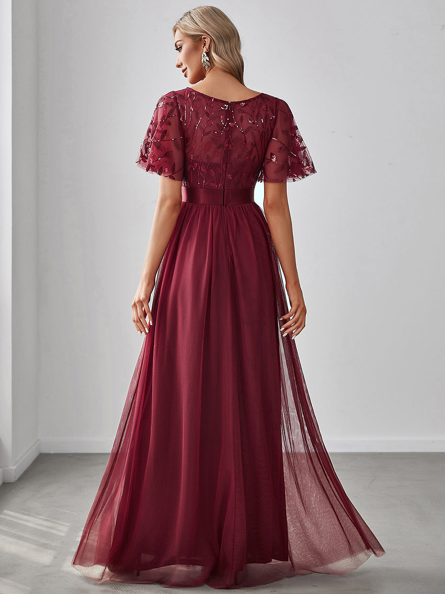 Color=Burgundy | Sequin Print Maxi Long Wholesale Evening Dresses with Cap Sleeve-Burgundy 2