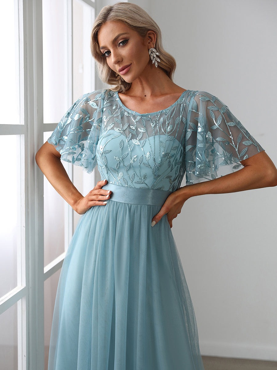 Color=Light teal | Sequin Print Maxi Long Wholesale Evening Dresses with Cap Sleeve-Dusty blue 5