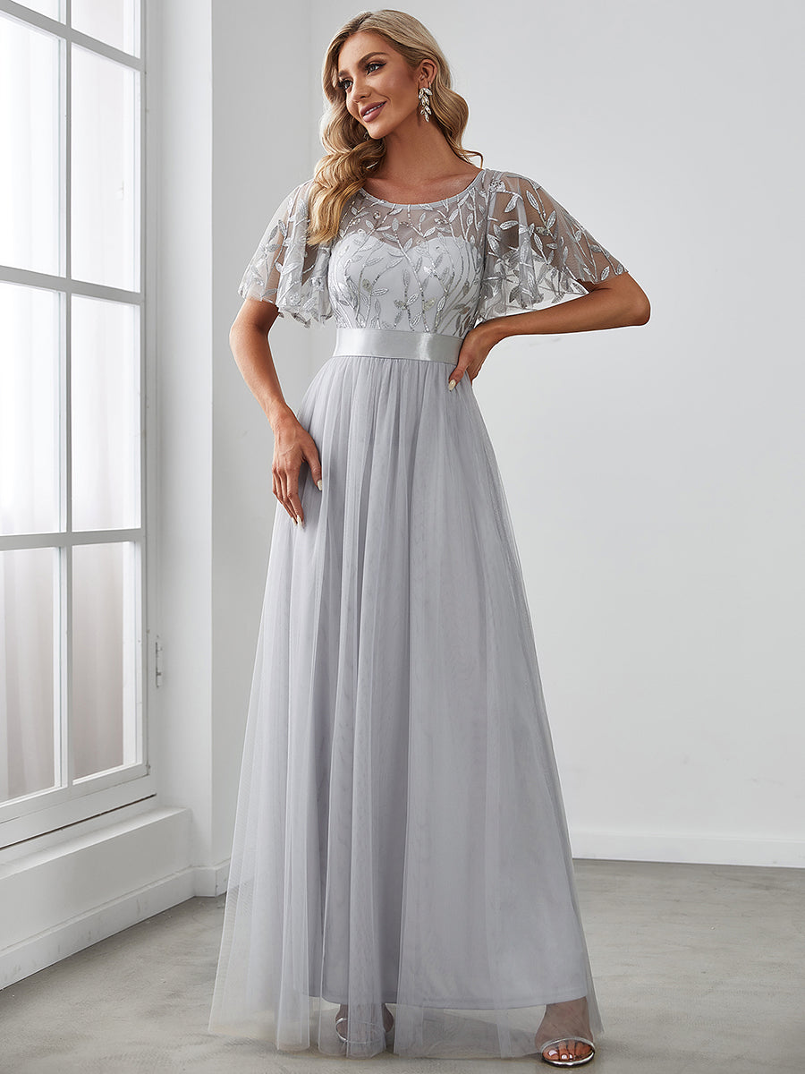 Color=Grey | Sequin Print Maxi Long Wholesale Evening Dresses with Cap Sleeve-Grey 4