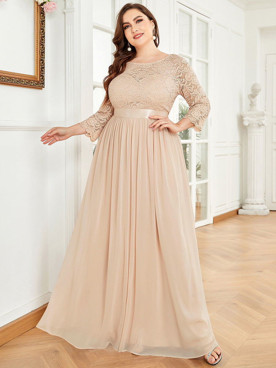 Color=Blush | Plus Size Lace Wholesale Bridesmaid Dresses With Long Lace Sleeve-Blush 4
