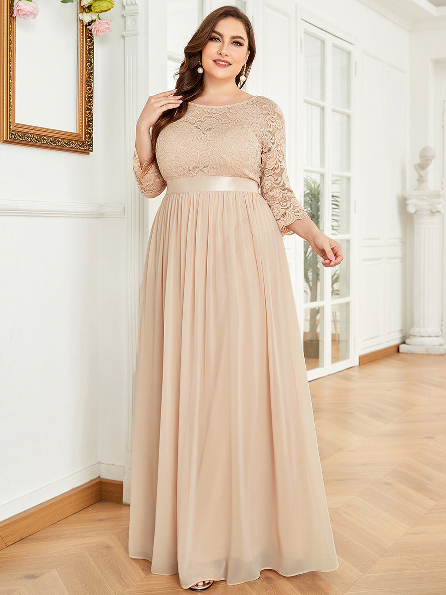 Color=Blush | Plus Size Lace Wholesale Bridesmaid Dresses With Long Lace Sleeve-Blush 1