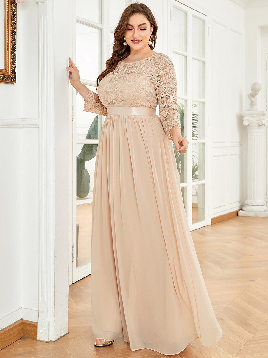 Color=Blush | Plus Size Lace Wholesale Bridesmaid Dresses With Long Lace Sleeve-Blush 3