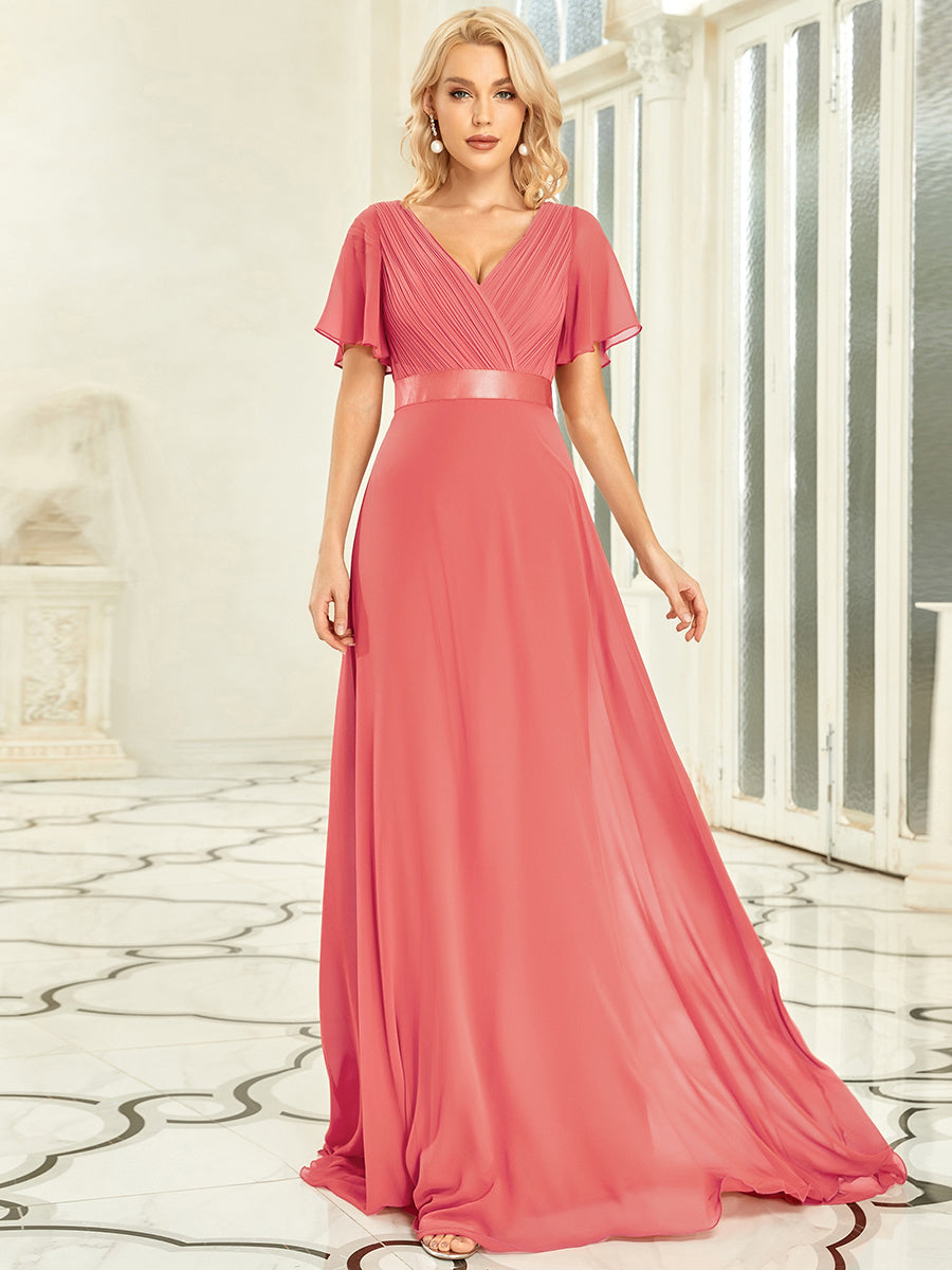 Color=Coral | Commercial Wholesale Short Sleeve Ruffle V-Neck Pleated A-Line Floor Length Bridesmaid Dresses-Coral 1